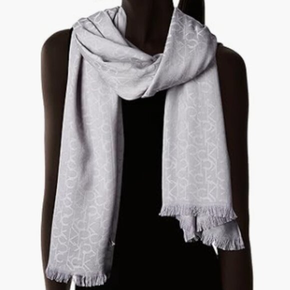 Calvin Klein CK Logo Gray Monogram Pashmina Wrap Scarf - Picture 2 of 8